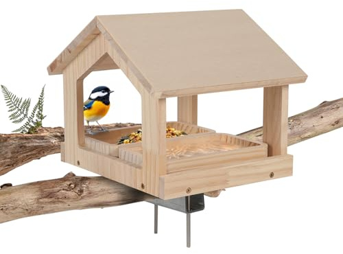 Vogelhaus zum Aufhängen, Großes Vogelfutterhaus mit 2 Holztabletts, Futterhaus für Vögel Hängend/Behoben, Wetterfest Vogelhaus für Balkon Garten, Vogelfutterspender für Wildvögel (Pole-Halterung)