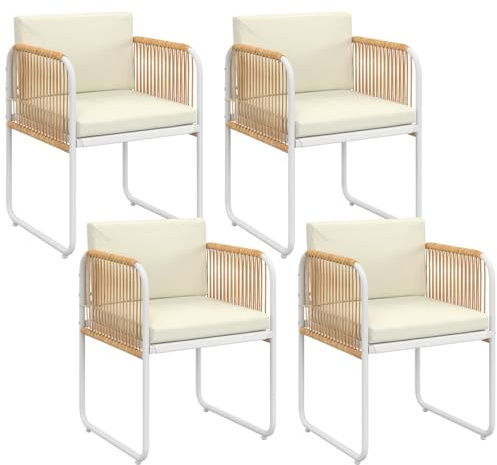 IDMarket - Set aus 4 Stühlen Rio mit weißem Metallgestell, Seilen mit hellem Rattaneffekt und beigen Kissen