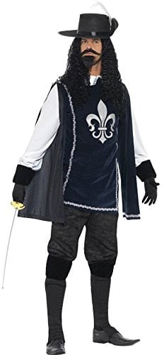 Smiffys Männlicher Musketeer Kostüm, Dunkelblau, mit Top und Hut, Handschuhe, Stiefelüberzieher, Bart und Schnauzer