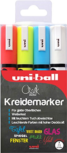 Uni-Ball 186204 - Fenster- & Kreidemarker UNI CHALK PWE-5M, 1,8 - 2,5 mm, Rundspitze, 4er Set, sortiert