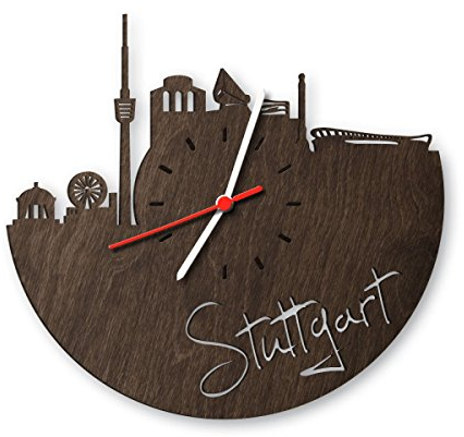 GRAVURZEILE Stuttgart aus Eichen-Holz geräuchert Design Uhr aus Echtholz Wand-Deko Originelle Wand-Uhr Moderne Wand-Uhr im Skyline Design Wand-Dekoration aus Natur-Holz
