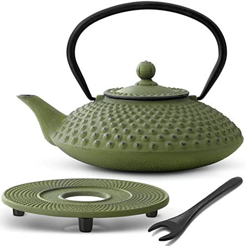 Bredemeijer Teekanne asiatisch Gusseisen Set 1.25 Liter - grüne Gusskanne mit Henkel & Edelstahl Tee-Filter Sieb-Einsatz für losen Tee & Untersetzer & Deckelheber