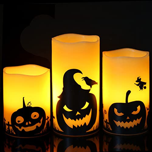 Eldnacele flammenlose Halloween Kerzen, LED flackernde batteriebetriebene Stumpenkerzen mit 6H Timer und Kürbis-Aufklebern, gruselige Herbst-Halloween-Party-Dekoration, 3er-Set