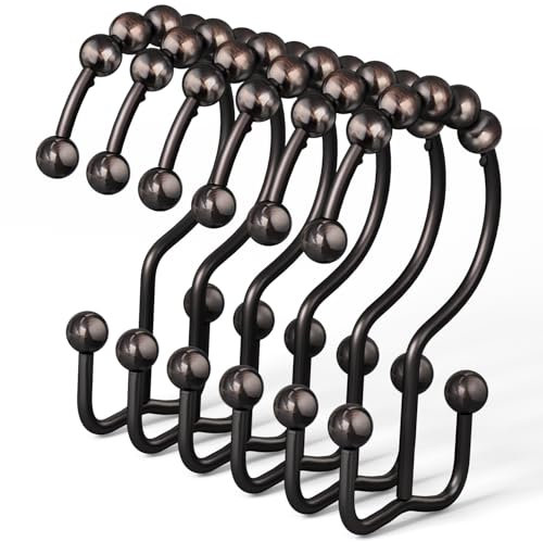 DAWNER Rust Proof Shower Curtain Hooks Rings, Stainless Steel Shower Curtain Rings Metal Double Glide Shower Hooks for Bathroom Shower Rods Curtains, Brushed Bronze Decorative Finish, Set of 12 Hooks