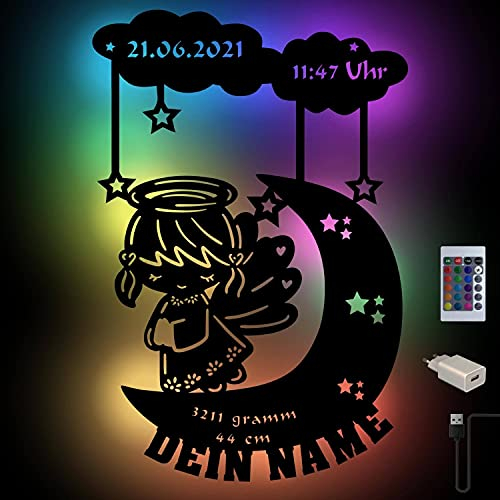 Farbwechsel Personalisierbares Schutzengel Schlummerlicht Mond-Engel I Baby-Geschenke zur Geburt & Taufe | Holz Natur I USB Wand-Lampe Nachtlicht