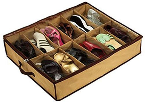 Shoes Storage Bag, Under Bed Storage Organizer, Folding Under Bed Shoe Box, Removable Divider Board with Transparent Lid Fits 12 Pairs Total