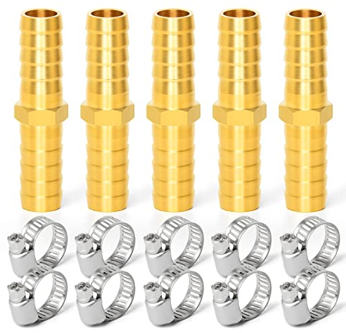 ERGAOBOY 5 pièces 16mm connecteur cannelé de Tuyau en Laiton, raccord de Tuyau Droit 2 Voies avec Pinces 10 pièces