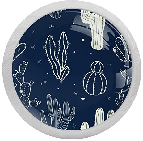 4 Pcs Sketchy Cactus Paint Navy Background Crystal Glass Drawer Knob Pull Handle Ergonomic 30mm Glow in The Dark Furniture Cabinet Handle for Kitchen Dresser Cupboard Wardrobe