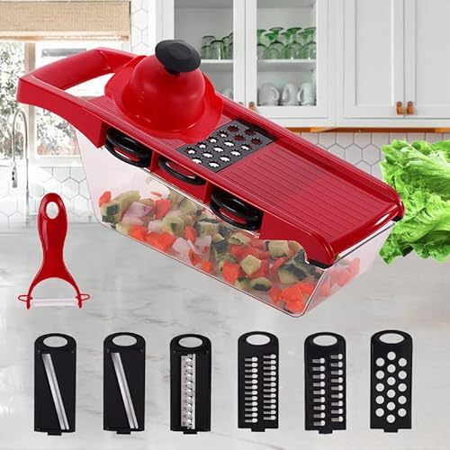 ABEUTY 6 in 1 Mandolin Slicer - Vegetable Chopper, Adjustable Cutter, Food Slicer Veg Chopper Manual Onion Dicer (Red)