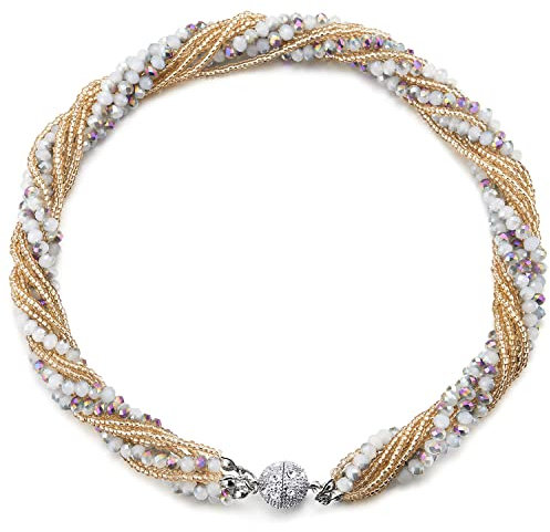 COOLSTEELANDBEYOND Champagner Gold Regenbogenperlen Halsketten Anhänger Multi-Schichten Kristall Geflochtene Kette Halsband Choker