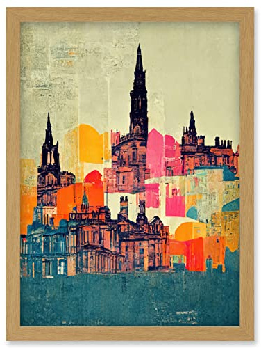 Wee Blue Coo Boho Abstract Multi Coloured Cityscape Skyline Painting Folk Art Artwork Framed Wall Art Print A4