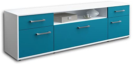 Lqliving TV-Board Lowboard Bernadetta, Korpus in Weiss matt, Front im trendigem Türkis (180x49x35cm), mit Metall Griffen, Made in Germany