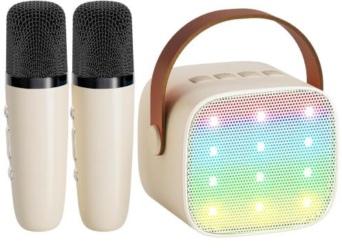 YLL Mini Karaoke Machine with 2 Wireless Microphones for Kids Adults, Portable Bluetooth Speaker Gift for Girls Toys 4, 5, 6, 7, 8, 10, 12+ Years Old Teens Birthday Kids' Instrument Accessories(Beige)