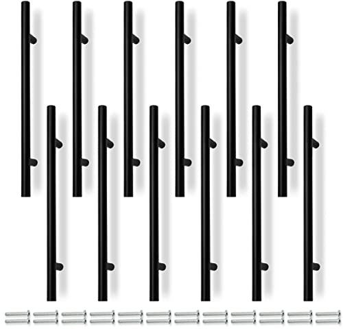 Bwintech 12 Pcs 250MM (160MM Hole Center) Matt Black Cabinet Pull Handles Kitchen T Bar Handles, Stainless Steel, Ideal for Cabinet, Drawer, Cupboard