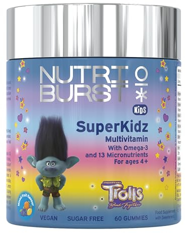Nutriburst TROLLS SuperKidz - Chewable Multivitamin for Health, Growth & Development - 13 Essential Nutrients: Vitamin A, B12 C, D3, E, Iron, Omega-3 - Vegan + Sugar Free - Orange Flavour - 60 Gummies