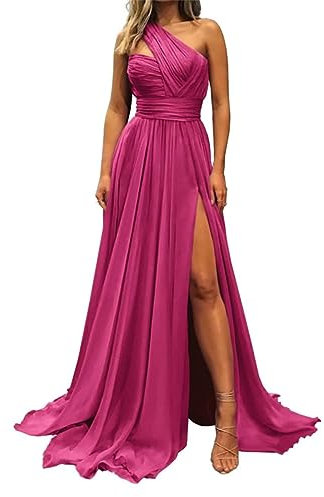 SAMHO Vestidos de dama de honor de un hombro acampanado, vestidos formales de noche con abertura para boda, fucsia, 40