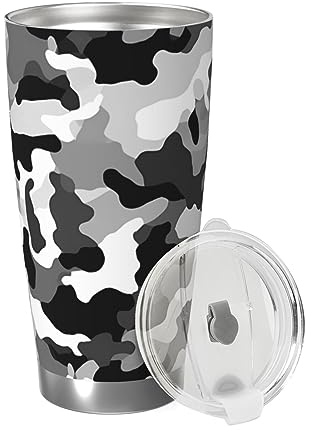 RLDOBOFE 20 oz Tumbler with Lid Vacuum Insulated Tumbler Black Grey White Camo Stainless Steel Car Cup Insulated Coffee Mug for Travel Reusable Double Walled Thermal Cup for Hot Cold Drinks