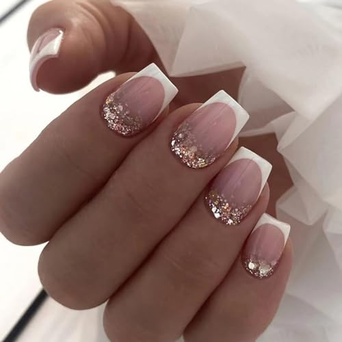 Resweky Carré Moyen Court Faux Ongles Rose Nude Paillettes Couverture Complète Acrylique French Press pour Femmes