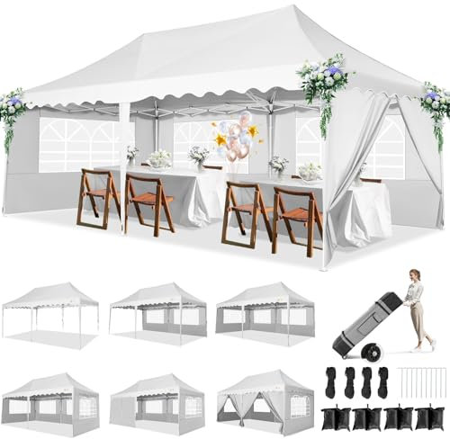 HOTEEL Marquee Gazebo with Sides, Large Pop Up Gazebo 3m X 6m Easy Up Outdoor Party Tent with Wheeled Bag, 4 Weight Bags, for Garden, Party, Event, Waterproof and Sunproof, White