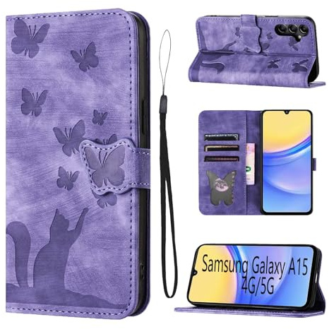 LSPCASA Housse Protection pour Samsung Galaxy A15 Matériau en Cuir PU Coque Samsung A15 avec Fentes pour Cartes Étui Motif Papillon Chat Coque Galaxy A15 Violet