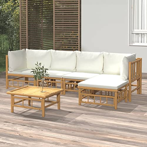 NITCA Gartenlounge Set Holz 6-TLG Bambus Lounge Wintergarten Lounge Bambus mit Kissen Creme Outdoor Bambus Lounge Balkon Lounge Sofa Bambus Gartenmöbel Set (2xEckteil+2xMittelteil+Fußstütze+Tisch)