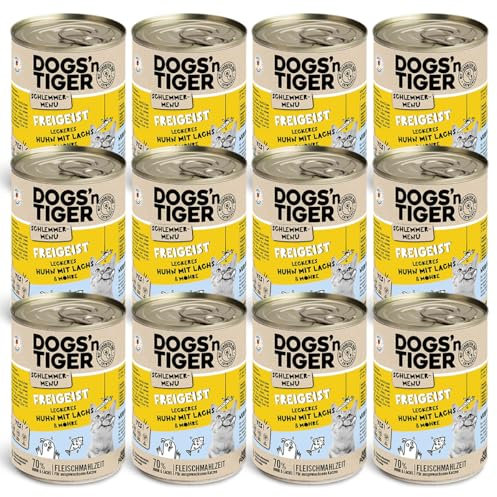 Dogs’n Tiger Adult, Katzenfutter, Freigeist, Katzennassfutter mit frischem vitaminreichen Gemüse, Huhn, Lachs - ohne Getreide, Zuckerzusatz, künstliche Konservierungsstoffe, 12x 400g