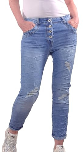 Karostar Damen Stretch Jeans| Boyfriend Hose mit dekorativer Knopfleiste| Destroyed Denim Pants