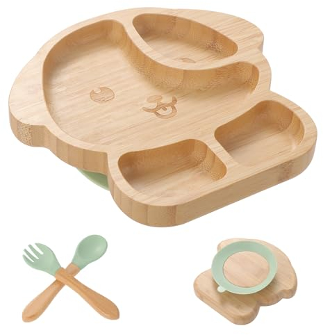 KEESIN Ensemble de 4 assiettes en bambou pour enfants assiette ventouse pour bébé set repas bébé pour nourrir les bébés à partir de 3 mois (chiots)