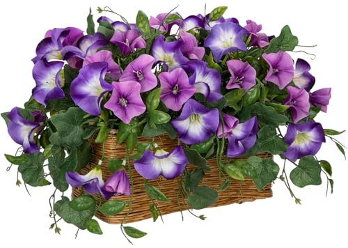 Arborus Künstliche Blumen im Weidenkorb Kunstblumen wie Echt im Topf 24 cm Kunstblumen Petunie Künstliche Wildblume Violett Rustikal Deko Blumen für Tisch Deko Regal Deko Zimmer Deko Hochzeit Deko