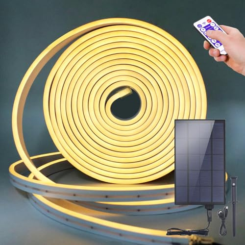 KISUFU Solar Powered Neon LED Strip, 2835 120 Leds/m IP67 Waterproof Flexible Light Strip With 3W 12 key remote control USB charging wall mounted plug-in solar controller for Courtyard Decoration.