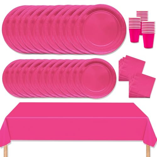 MORAINJAY 69 Pièces Rose Rouge Vaisselle de Fête,Vaisselle Ensemble en Papier Assiettes à Dessert,Serviettes en Papier,Gobelets et Nappes,Anniversaire Décorations de Table,Décor Fête de Noël Halloween