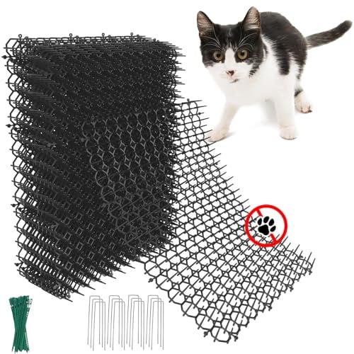 12 Pcs Anti Cat Spikes, 7.9x5.9 Plastic Cat Scat Mat with Spikes Anti Cat Mat Repellent Mat with Spikes Cat Deterrent Net with 12 U-Shaped Pegs for Garden, Fence, Indoor & Outdoor