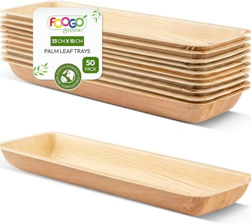 FOOGO Green 50 Bandejas Hoja de Palma Grandes 33x10cm Desechables Pizza | Biodegradables, Compostables, Pizza, entrantes, canapés y charcutería, Como bandejas de madera, Resistentes, Ecológicas