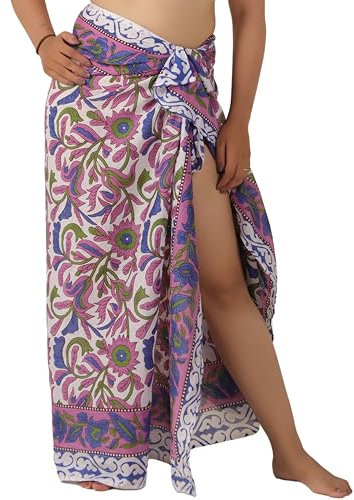 THE ART BOX, Pareo da Donna Lungo in 100% Cotone, dallo Stile Indiano, con Stampa con Blocchi Realizzati a Mano, Adatto Come Sarong e Copricostume (185 x 109 cm), Viola Floreale., Etichettalia Unica