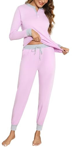 Aseniza Pyjama Femme Hiver Coton Ensembles de Pyjama Femmes Chauds Manches Longues Vêtements de Nuit Couleurs Contrastées Ensemble Pyjamas Tenue de Nuit Vêtements de Détente Loungewear Mauve Rose L