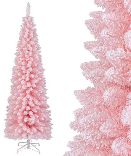 COSTWAY künstlicher Weihnachtsbaum Bleistift, 180 cm Tannenbaum mit Schnee, Christbaum mit 460 Zweigspitzen & klappbarem Metallständer, schlanker Kunstbaum Weihnachten für Zuhause, Büro (Rosa)