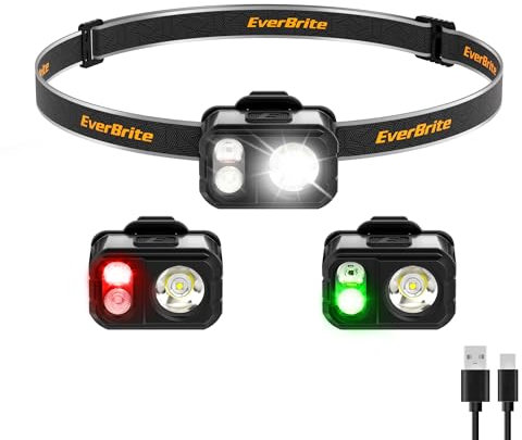 EverBrite Lampe Frontale LED Rechargeable, 400 LM Ultra-Légère avec Lumière Rouge & Verte, Étanche IP67, 7 Modes d’Éclairage pour Course à Pied, Pêche, Randonnée, Camping, Gris