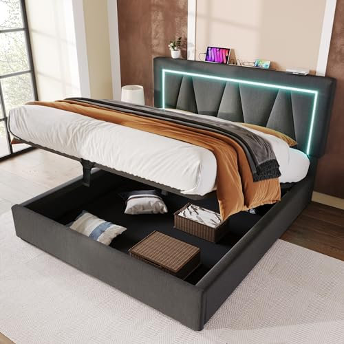 Aoskem Polsterbett Bett 160x200 Doppelbett mit Stauraum Underbett, LED-Kopfteil mit USB/TypC, Stauraumbett Bettgestell mit Lattenrost, Rückenlehne Jugendbett Funktionsbett, Ohne Matratze, Leinen Grau
