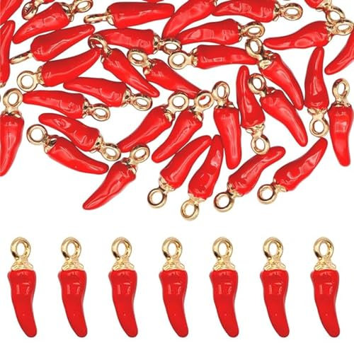 50 Stück Pfeffer Charms Gemüse Charms Mini Kleine Paprika Rote Charms Legierung Anhänger.Emaille Anhängern 18 Karat vergoldet Pfeffer Anhänger roter Chili Anhänger mit 4mm Loch für Armband