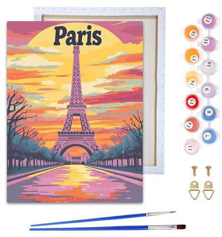 Reofrey Malen nach Zahlen Erwachsene mit Rahmen Eiffelturm- DIY Handbemaltes Ölgemälde KitsLandschaft, Leinwand 20x30cm, mit Pinsel und Acrylfarbe - Malen nach Zahlen kinder für Anfänger & Senior