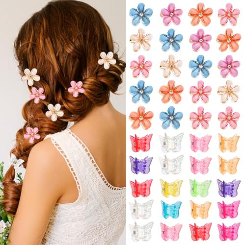 Lot de 50 Mini Pinces à Cheveux Papillon, Mini Pince à Cheveux en Forme de Fleur avec Strass en Cristal, Barrette Cheveux Fille Femme, Petites Pinces Cheveux pour Anniversaires Fêtes Mariage