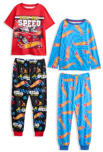 Hot Wheels Pyjama-Set für Jungen, 2er-Pack | Kurzärmliges Oberteil mit Spielzeug-Rennwagen-Grafik für Kinder und Pyjamahose mit langem Bein in Rot und Blau | Kinder-Nachtwäsche mit Allover-Print