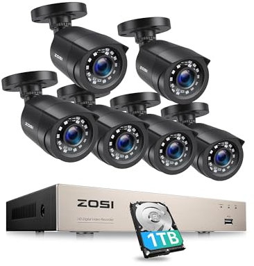 ZOSI 8CH 1080P CCTV Camera System, 5MP H.265+ DVR with 1TB Hard Drive, 6x 2MP Outdoor Indoor Security Bullet Cameras, 80ft Night Vision, Motion Human Detection, IP66 Weatherproof, Remote Access