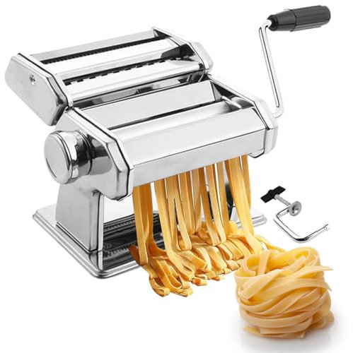 Nudelmaschine Edelstahl 2-in-1 | Teigwalze & Schneidemesser | 9 Stärken | Lasagne, Spaghetti, Ravioli | Rutschfester Sockel, Tischklemme & Zubehör