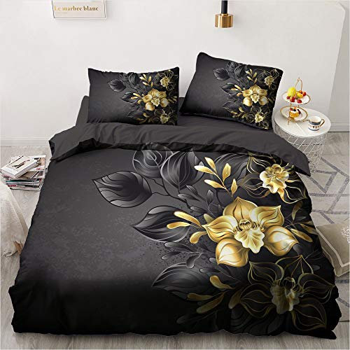 YASMENG Housse de Couette Rose 220x240 Noir Or Rose Romantique 3D Parure de Lit Rose Doux Linge de Lit Roses Motifs pour Cadeaux avec Fermeture Éclair et Taies d'oreiller 65x65 cm