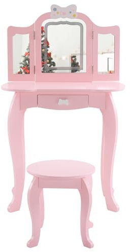 Bonnlo 2 in 1 Schminktisch Kinder mit Hocker, Frisiertisch mit 3-Fach abnehmbarem Spiegel und 3-farbigen LED-Leuchten, 60x30x97.5cm, Kosmetiktisch Mädchen, Kinderschreibtisch Holz, Rosa (Rosa)
