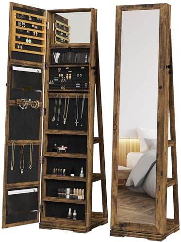 HOMCOM 360° Swivel Jewellery Cabinet, Free Standing Full Length Mirror with Storage, Lockable Jewellery Organiser with Built-in Makeup Mirror and Storage Shelves for Bedroom, Rustic Brown