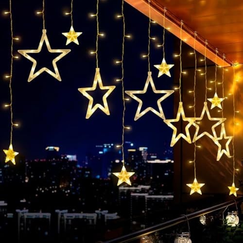BellaGesundheit Lichterkette Sterne Vorhang 2,3 m, 138 LED Lichtervorhang mit 12 Sternen, 8 Lichtmodi, Warmweiße LED Wasserdichte Fensterdekoration für Weihnachten im Freien