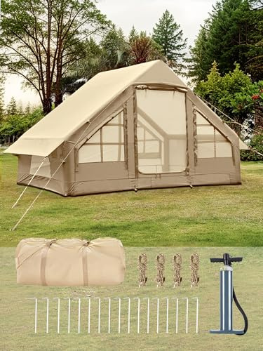Aufblasbare Zelte für Camping 2-4 Personen - Einfaches aufblasbares Glamping-Zelt mit Handpumpe, wasserdichtes PVC Luft-Aufblaszelt für Familien-Wochenend-Camping, Beige