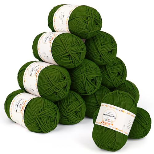 Aeelike 600g(12x50g) Polyacryl Wolle Cotton, 5Ply Baumwolle zum Häkeln, Langlebige Häkelwolle Strickwolle, Bunte Häkelgarn Wool Yarn, Fruchtgrün